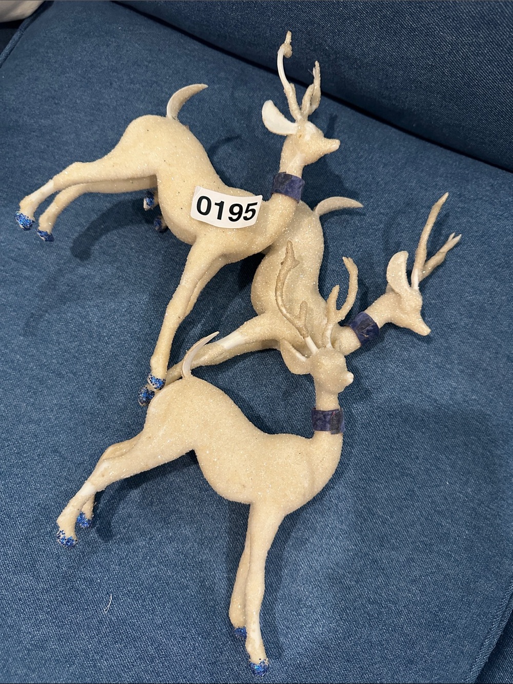 Vintage Retro Glitter Reindeer Deer Set of 3 Blue Velvet Christmas Decor - Picture 8 of 8